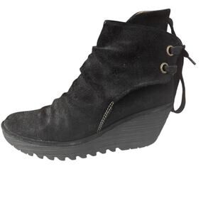 Fly London Yama Ankle Boot Wedge Booties Black Suede Size 39 8 8.5
